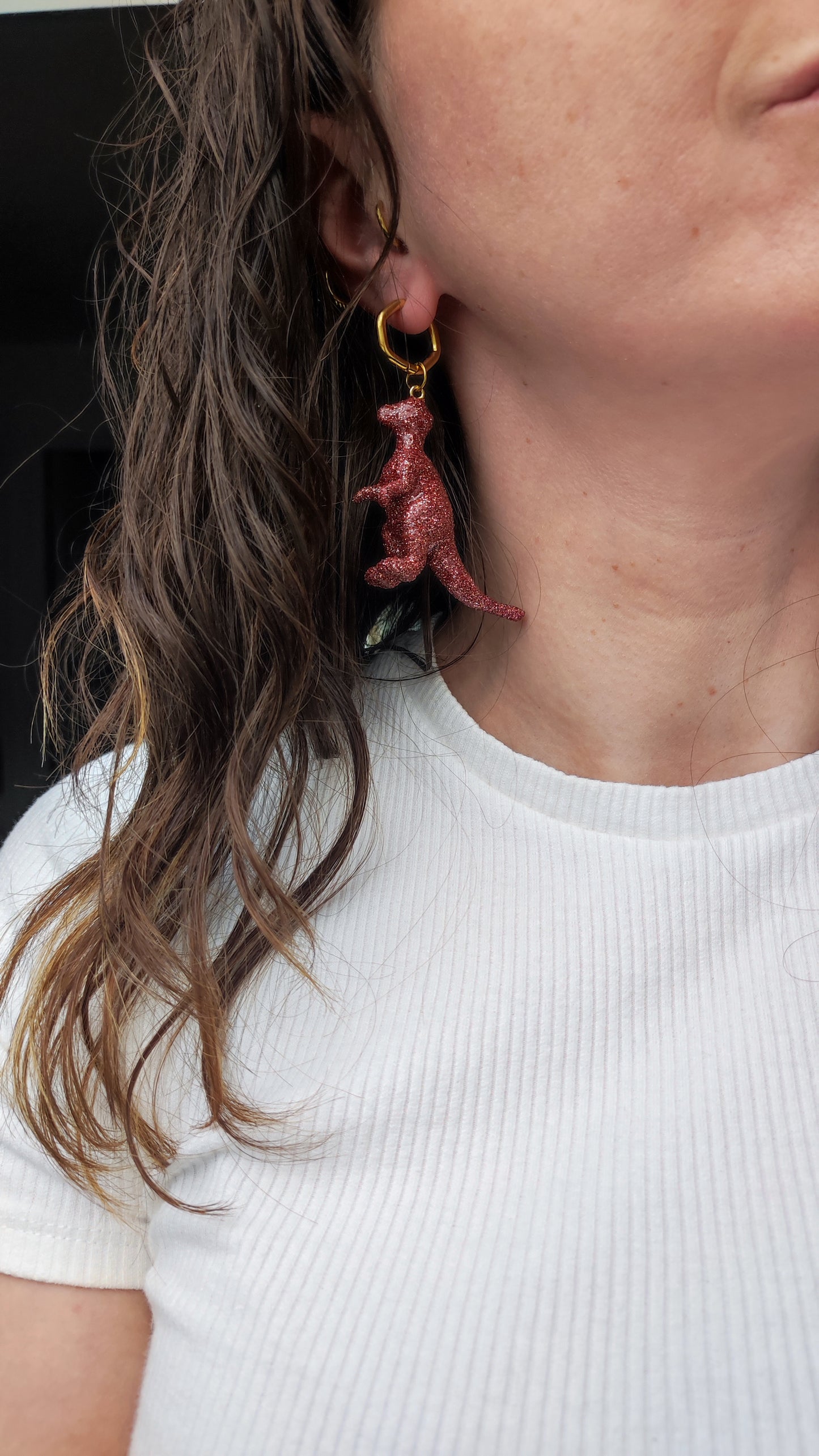 Boucles d'oreilles - Dinosaures paillettes rose (Pachycephalosaure)