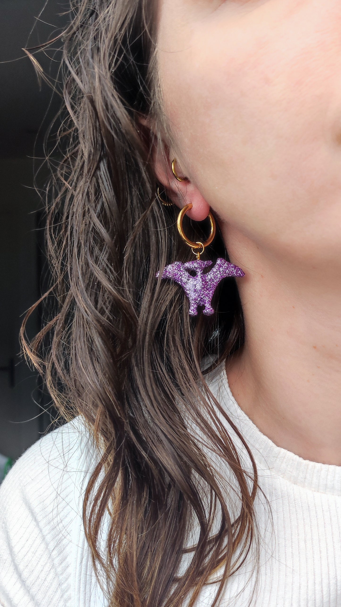 Boucle d'oreilles - Mini dinosaures paillettes lilas (Pterodactyle)