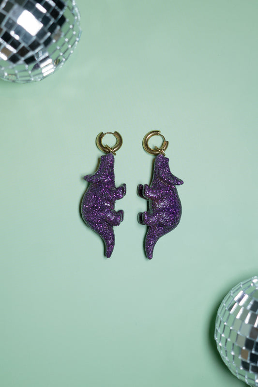 Boucles d'oreilles - Dinosaures paillettes violettes (Triceratops)