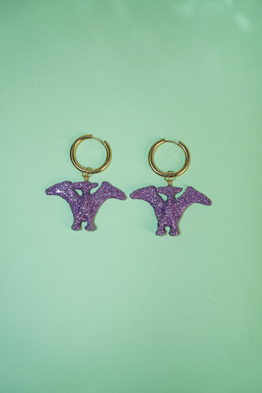 Boucle d'oreilles - Mini dinosaures paillettes lilas (Pterodactyle)