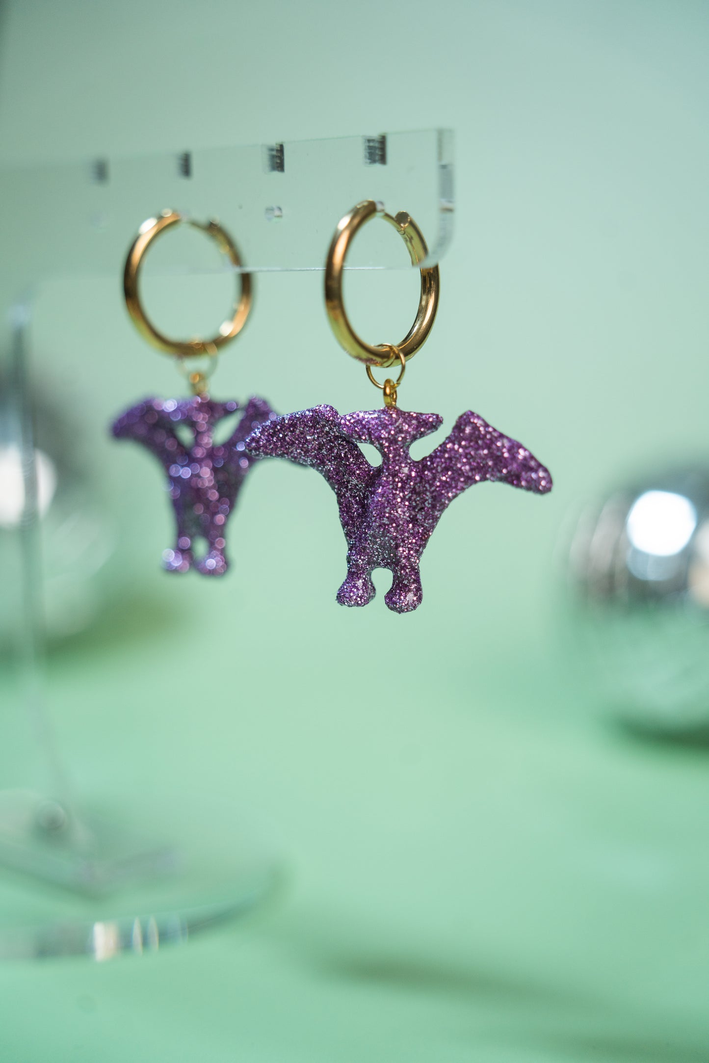 Boucle d'oreilles - Mini dinosaures paillettes lilas (Pterodactyle)