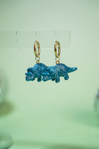Boucles d'oreilles - Mini dinosaures paillettes bleues turquoises (Triceratops)
