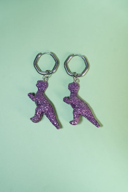 Boucles d'oreilles - Mini dinosaures paillettes lilas (Tyranosaure)