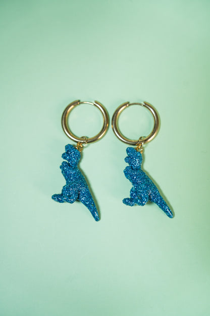 Boucles d'oreilles - Mini dinosaures paillettes bleues turquoises (Tyranosaure)