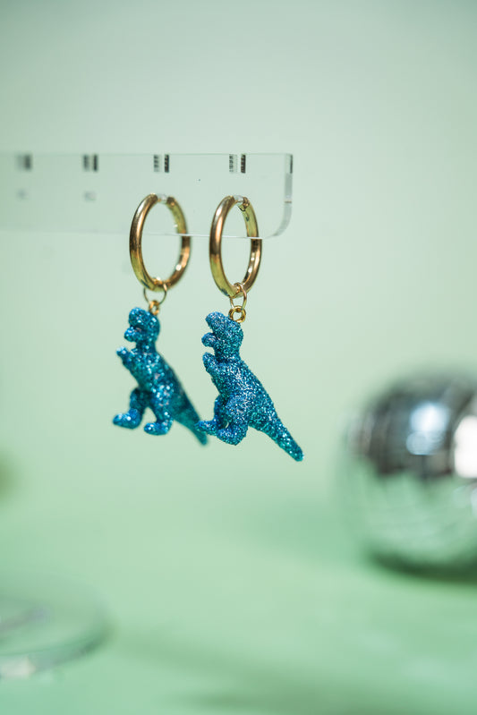 Boucles d'oreilles - Mini dinosaures paillettes bleues turquoises (Tyranosaure)