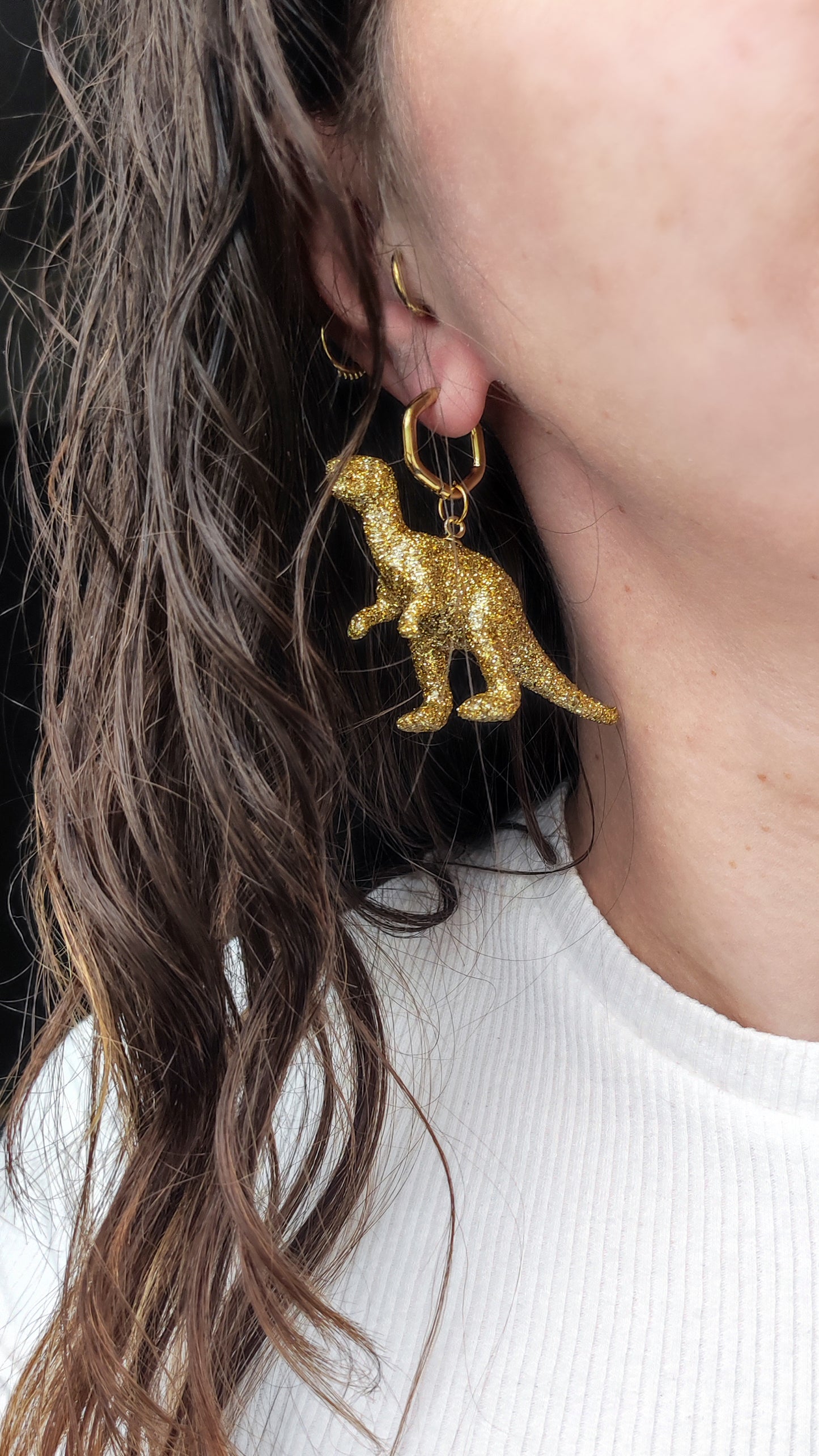 Boucles d'oreilles - Dinosaures paillettes dorées (Tyranosaure)