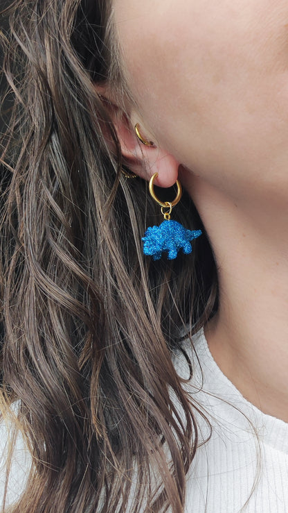 Boucles d'oreilles - Mini dinosaures paillettes bleues turquoises (Triceratops)