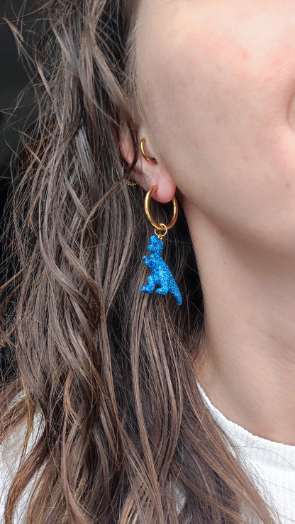 Boucles d'oreilles - Mini dinosaures paillettes bleues turquoises (Tyranosaure)