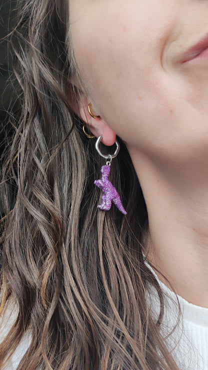 Boucles d'oreilles - Mini dinosaures paillettes lilas (Tyranosaure)