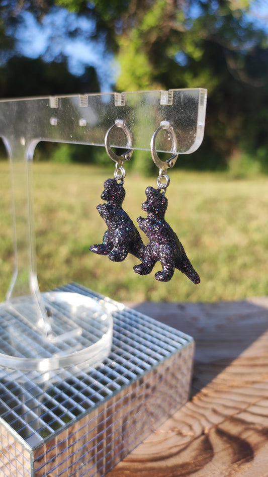 Boucles d'oreilles - Mini dinosaures paillettes grises holographiques (T-Rex)
