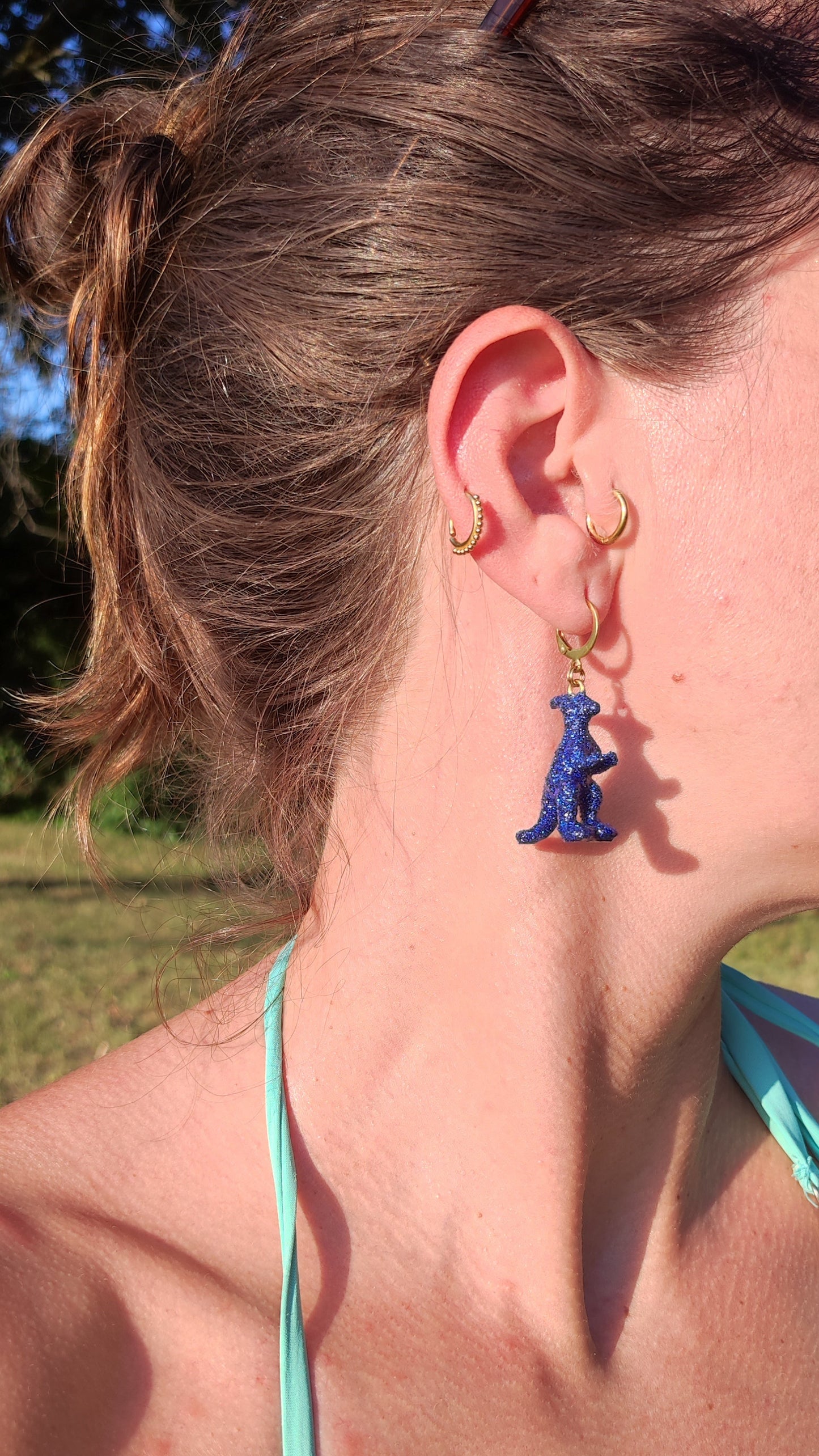Boucles d'oreilles - Mini dinosaures paillettes bleues (Parasaulophus)