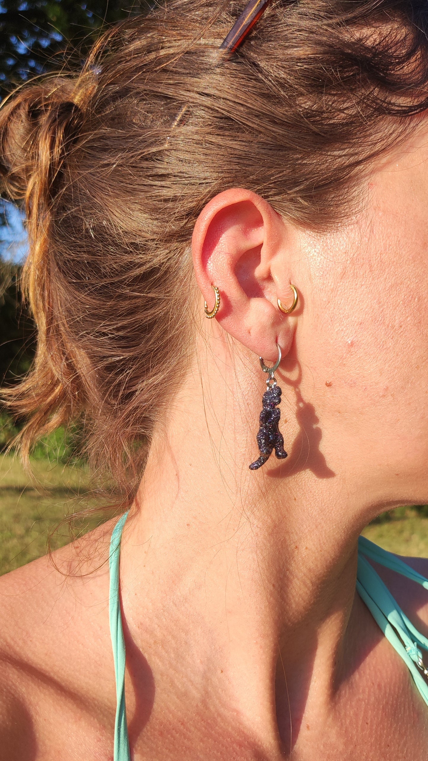 Boucles d'oreilles - Mini dinosaures paillettes grises holographiques (T-Rex)