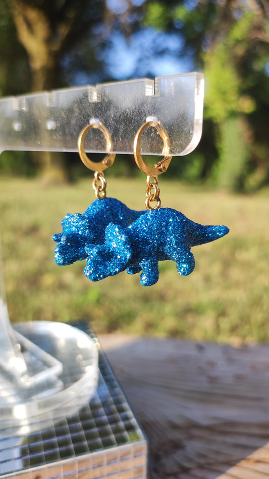 Boucles d'oreilles - Mini dinosaures paillettes bleues turquoises (Triceratops)