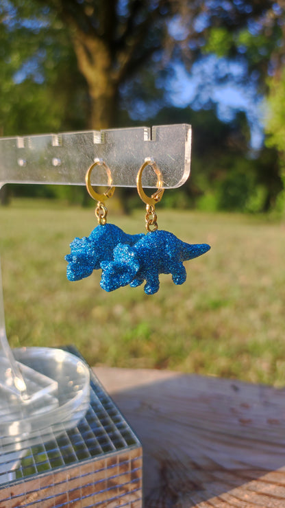 Boucles d'oreilles - Mini dinosaures paillettes bleues turquoises (Triceratops)