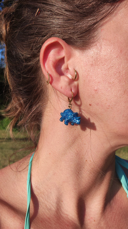Boucles d'oreilles - Mini dinosaures paillettes bleues turquoises (Triceratops)