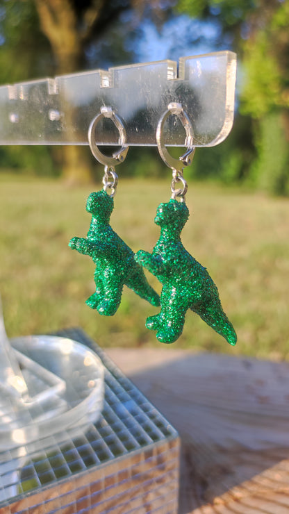 Boucles d'oreilles - Mini dinosaures paillettes vertes (T-rex)