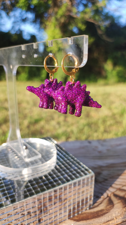 Boucles d'oreilles - Mini dinosaures paillettes vertes violettes (Stegosaure)