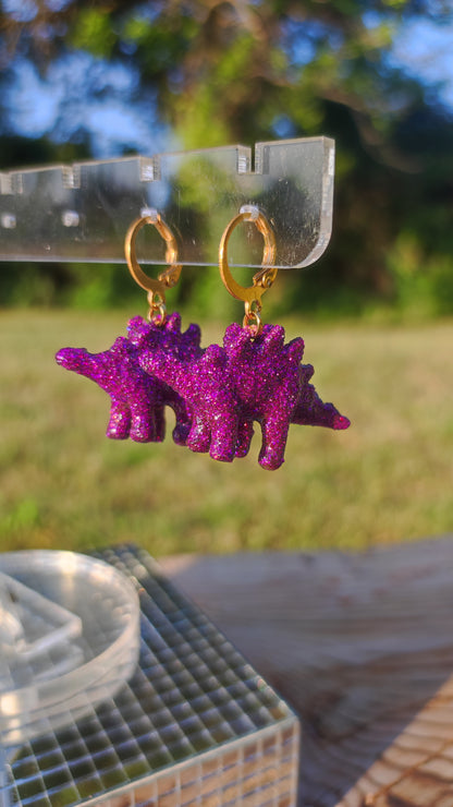 Boucles d'oreilles - Mini dinosaures paillettes vertes violettes (Stegosaure)