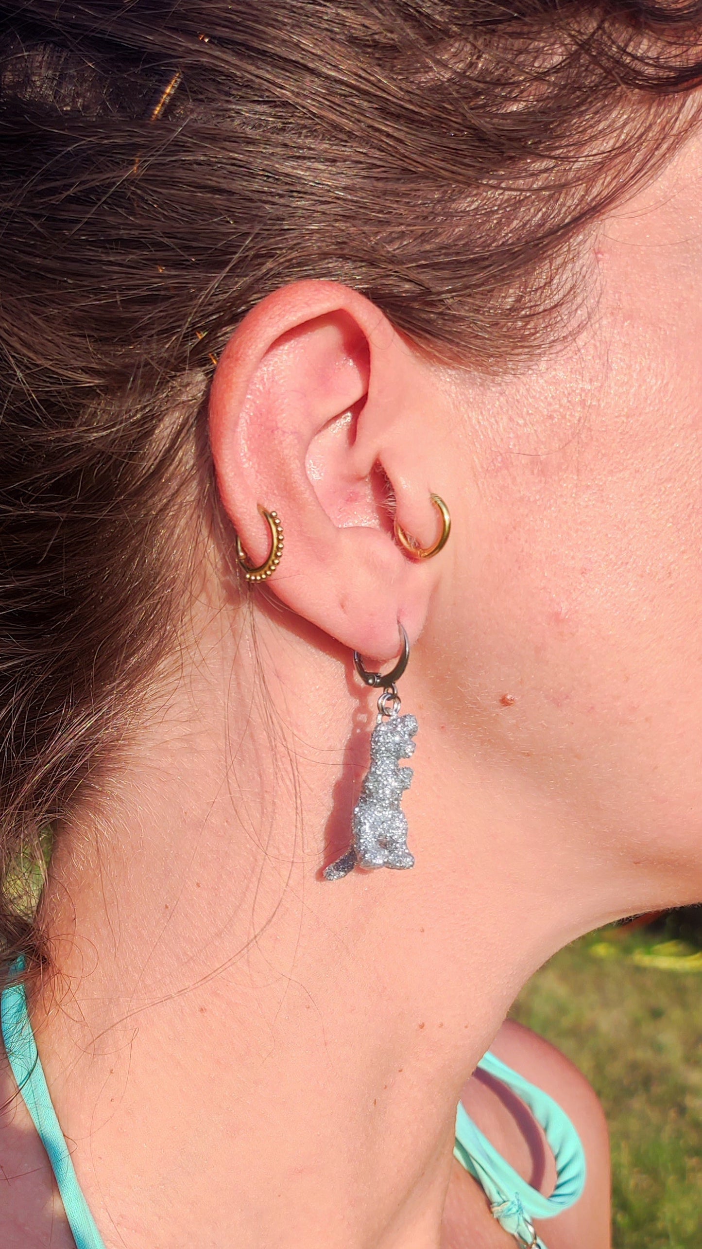 Boucles d'oreilles - Mini dinosaures paillettes argentées (T-rex)