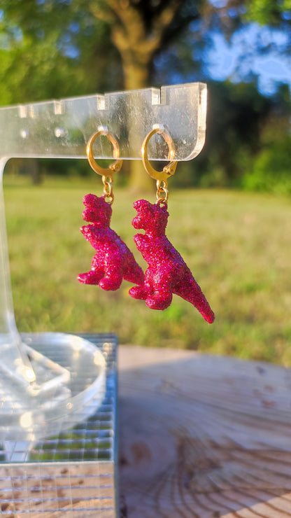 Boucles d'oreilles - Mini dinosaures paillettes roses fucshia (T-rex)