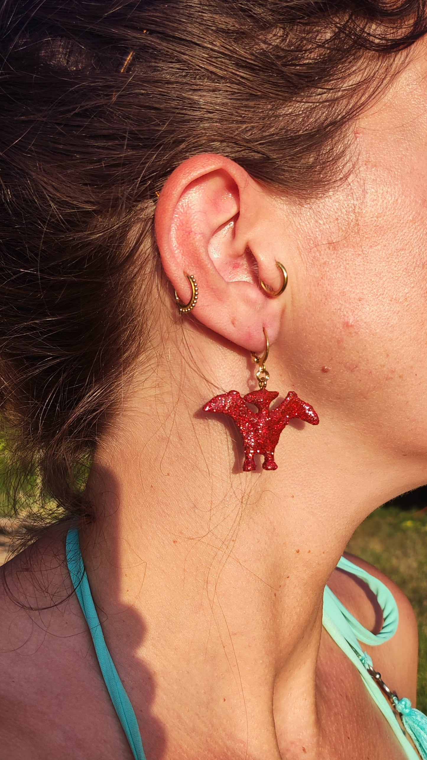 Boucles d'oreilles - Mini dinosaures paillettes rouges (Ptérodactyle)