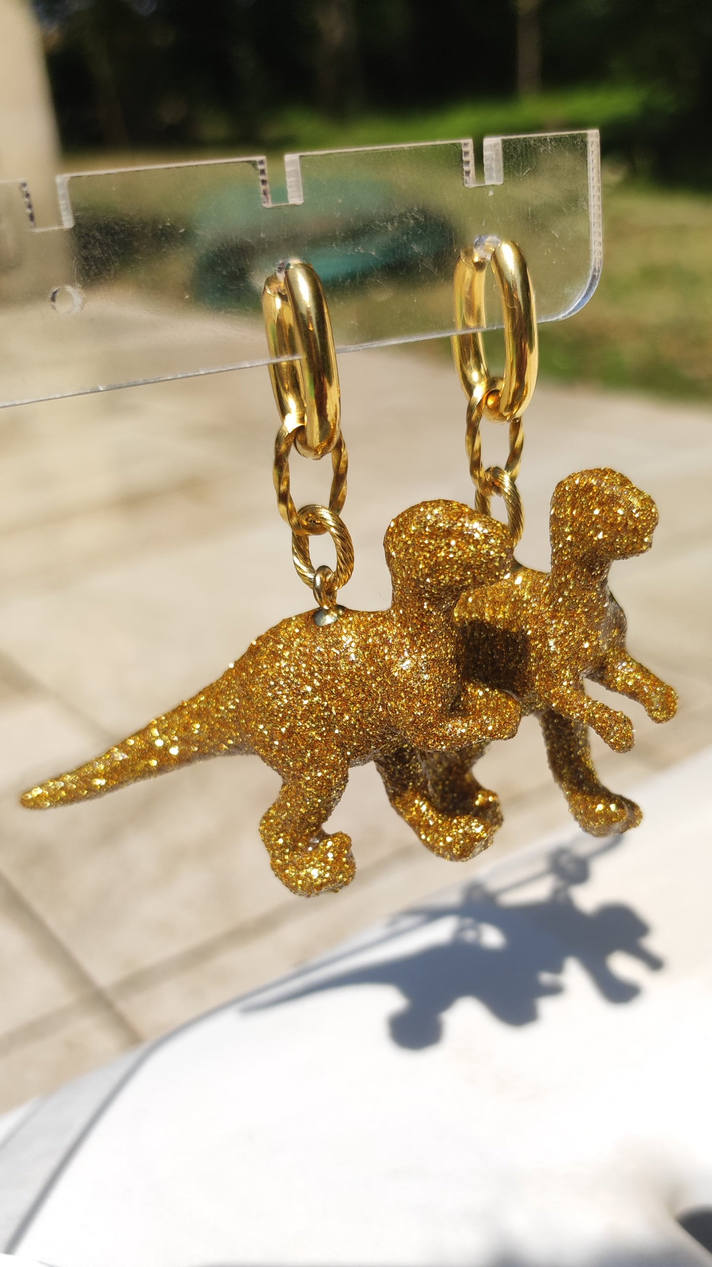 Boucles d'oreilles - Dinosaures paillettes dorées (T-rex)
