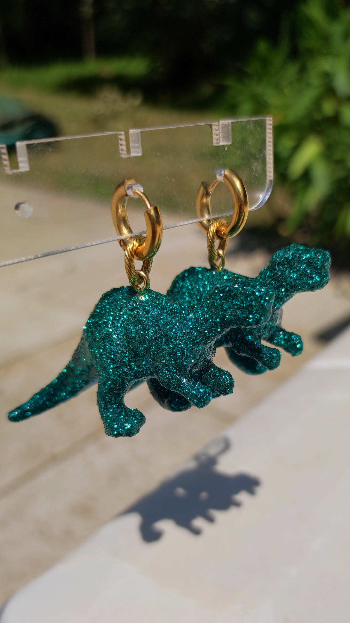 Boucles d'oreilles - Dinosaures paillettes bleus canard (T-rex)