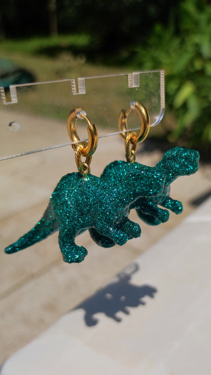 Boucles d'oreilles - Dinosaures paillettes bleus canard (T-rex)