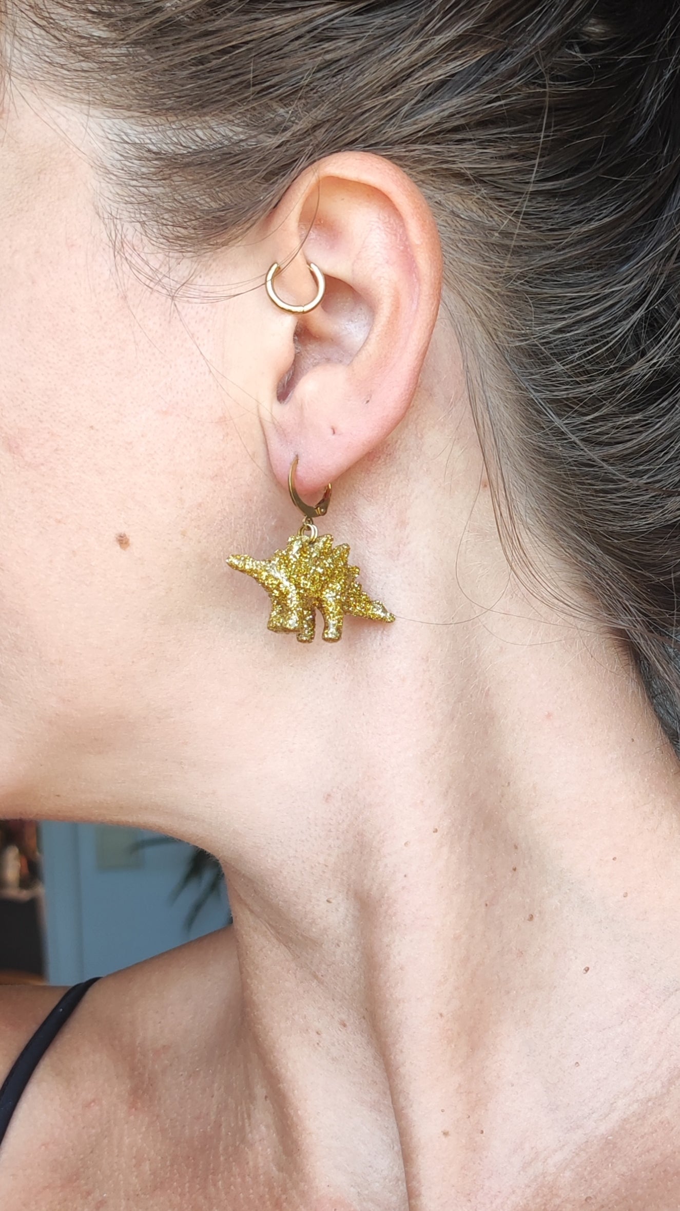 Mono boucle  - Mini dinosaure paillettes dorées (Stegosaure)