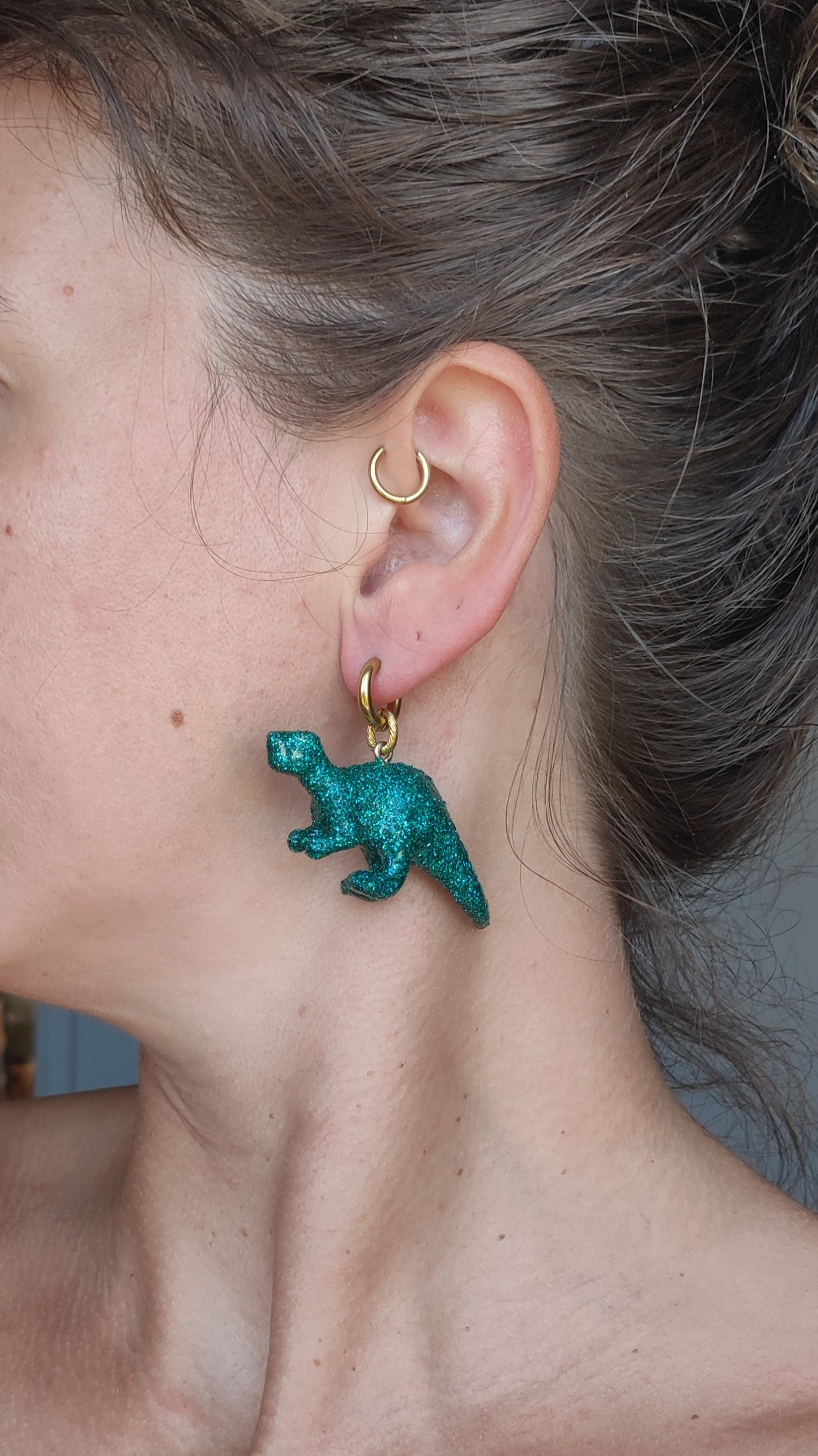Boucles d'oreilles - Dinosaures paillettes bleus canard (T-rex)