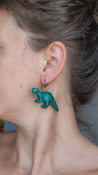 Boucles d'oreilles - Dinosaures paillettes bleus canard (T-rex)