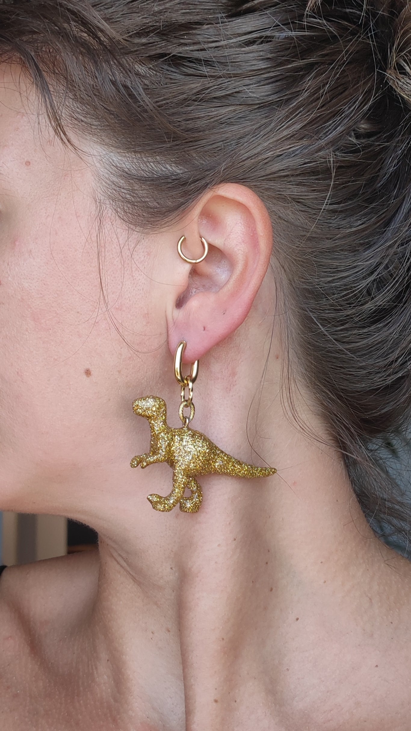 Boucles d'oreilles - Dinosaures paillettes dorées (T-rex)