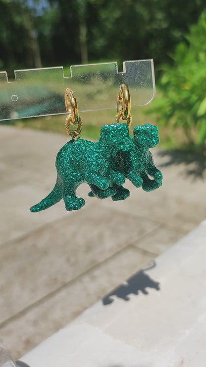 Boucles d'oreilles - Dinosaures paillettes bleus canard (T-rex)