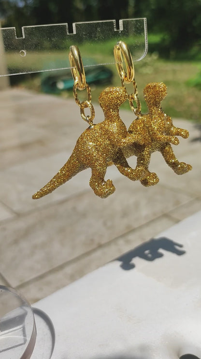 Boucles d'oreilles - Dinosaures paillettes dorées (T-rex)